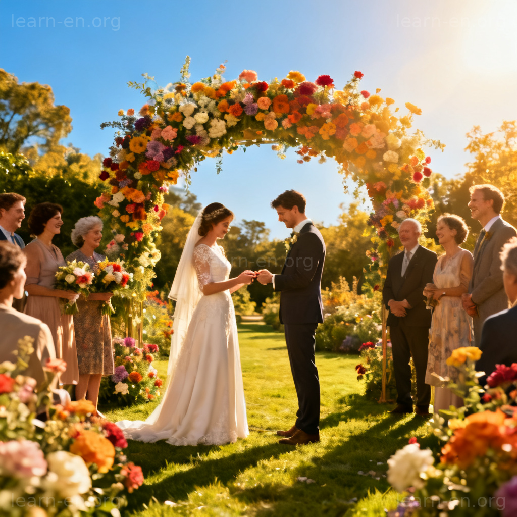 wedding ceremony 图解：幸福新人在鲜花拱门下交换戒指