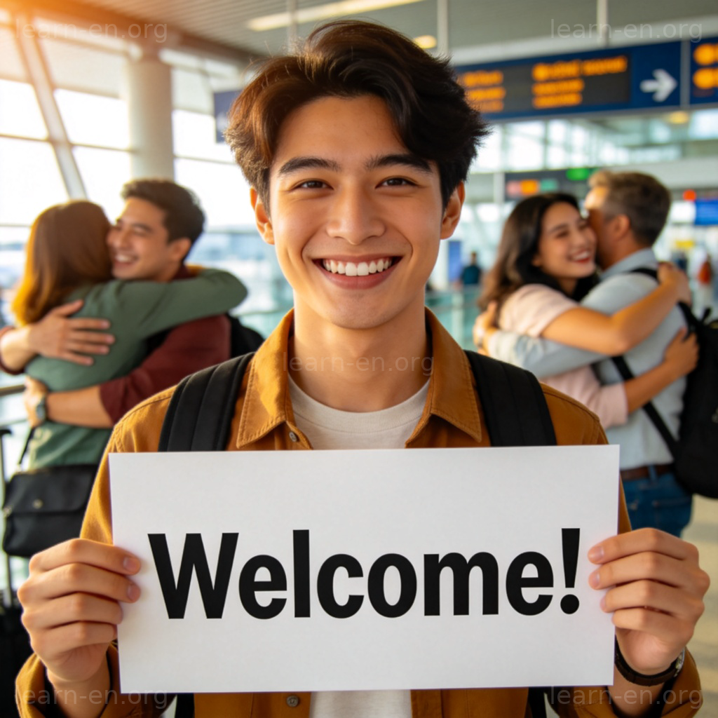 welcome 欢迎含义图解：机场接机牌与温暖笑容