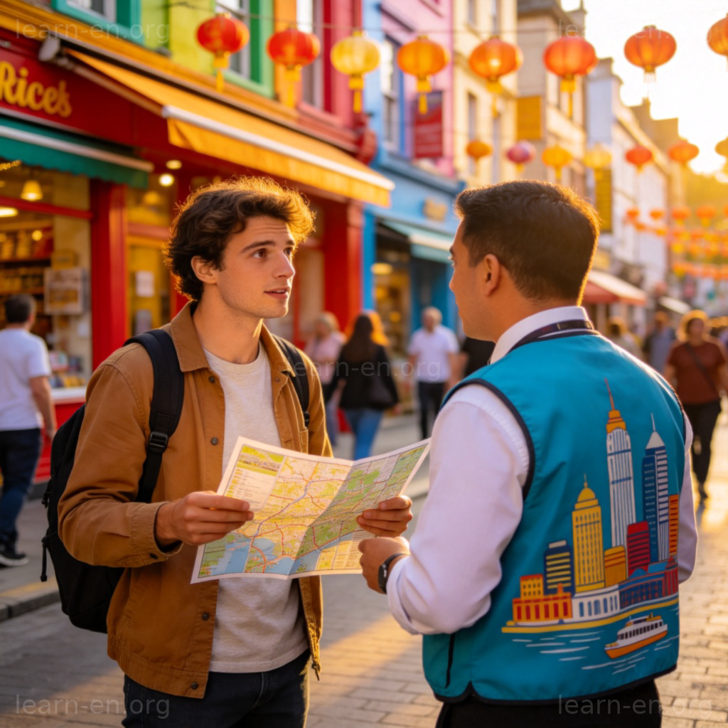 What are the must-see attractions here? 图解：游客向当地向导咨询必看景点