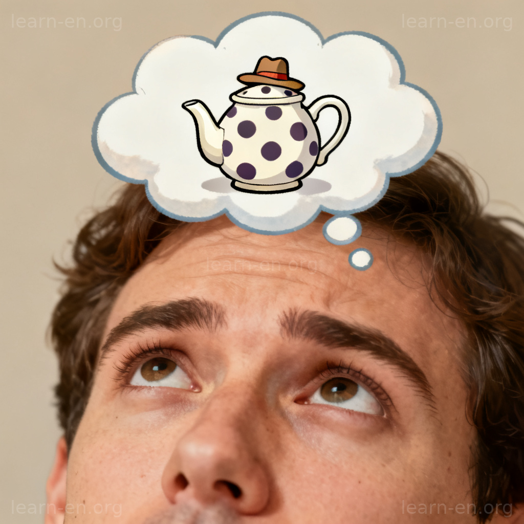 whim 场景：人物头顶浮现戴着帽子的波点茶壶怪念头