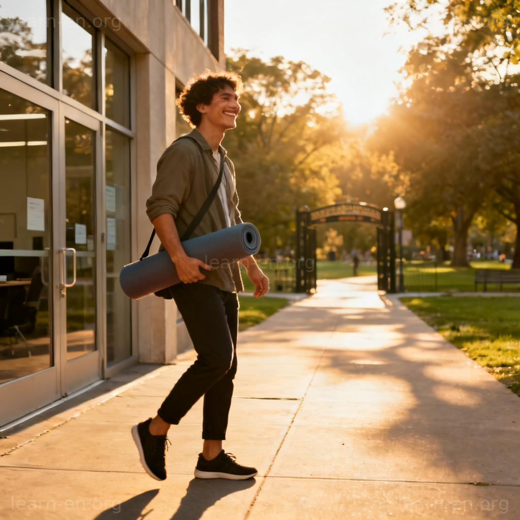 work-life balance 图解：员工下班后携带瑜伽垫走向公园的场景