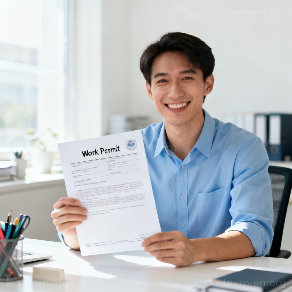 Work Permit 工作许可图解：人物在明亮办公室手持官方文件