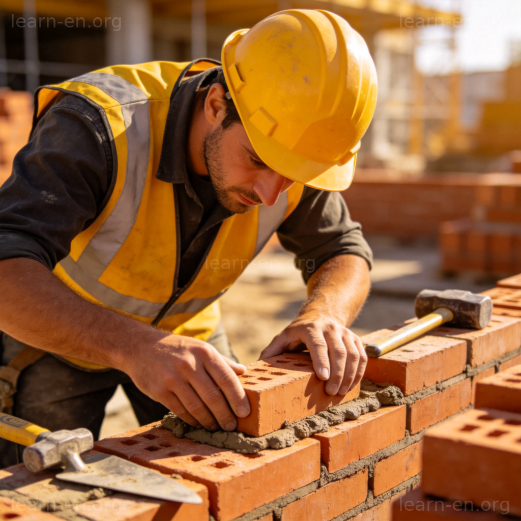 worker 工人图解：戴安全帽的建筑工人在工地专注砌砖