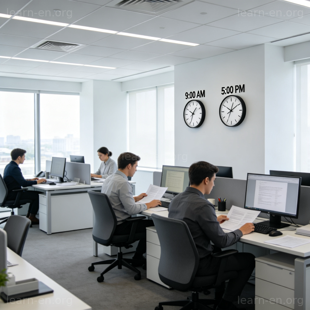 Working Hours 图解：现代办公室场景，时钟显示上午9点和下午5点