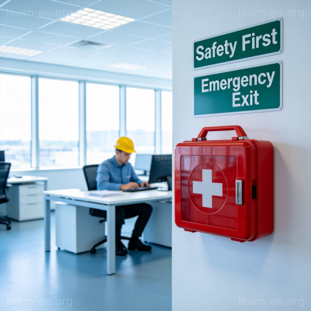 workplace safety 场景图解：办公室安全标识与防护装备