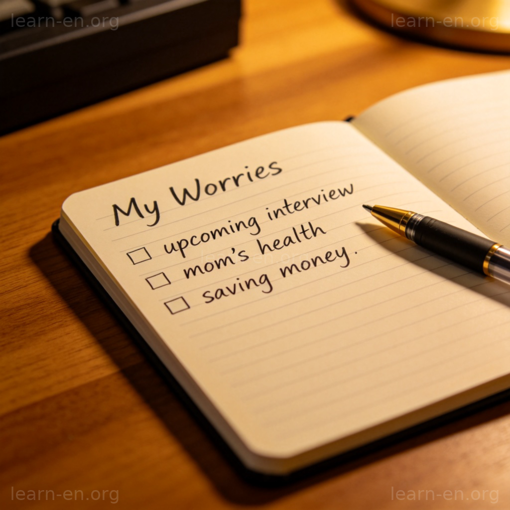 worry 含义图解：写满忧虑事项的笔记本特写