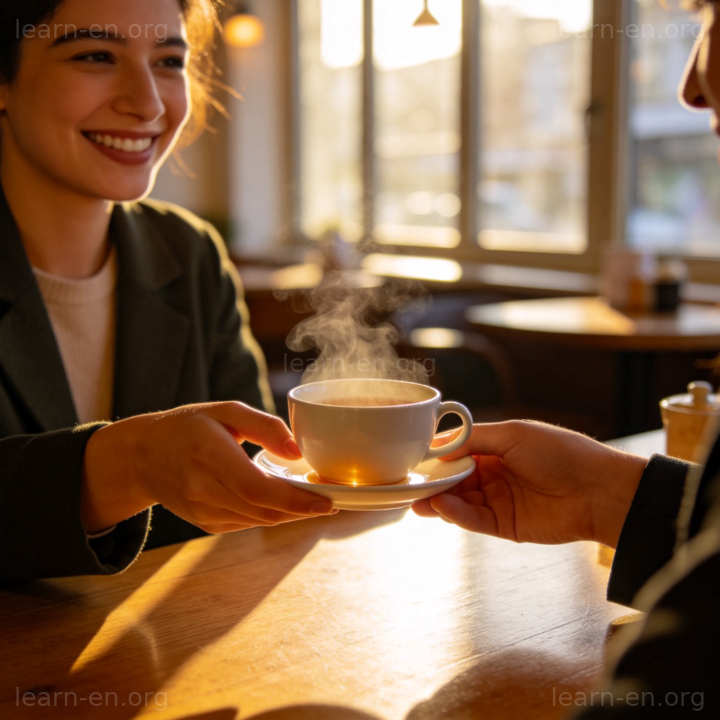 would表示礼貌请求场景：咖啡馆中微笑递茶邀请图解