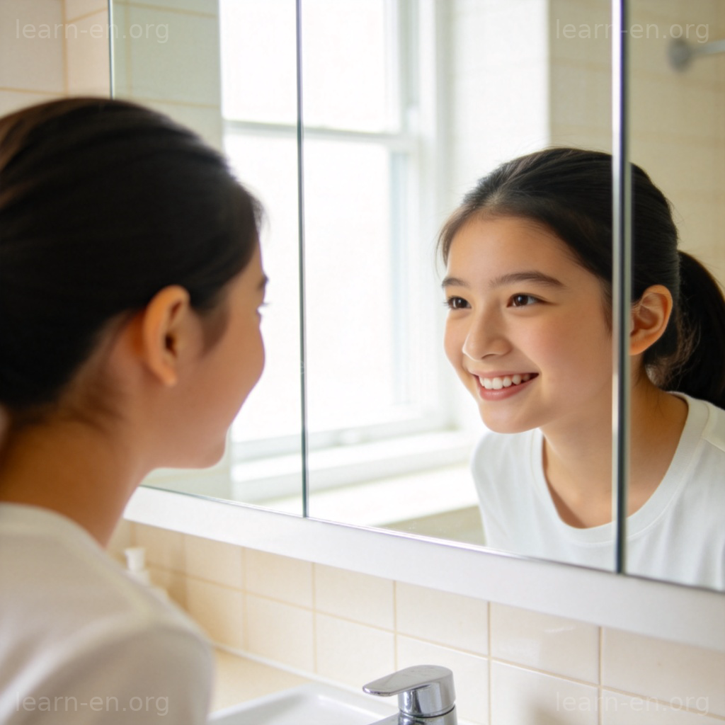 yourself图解：女孩在镜中凝视自己的反身代词场景