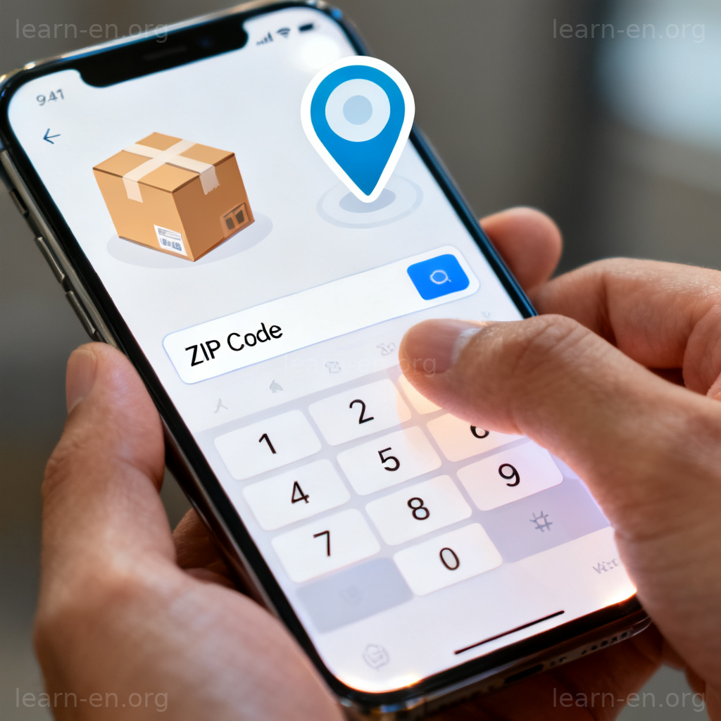 Zip Code 图解：在手机屏幕上输入邮政编码，旁边有包裹和地图标记